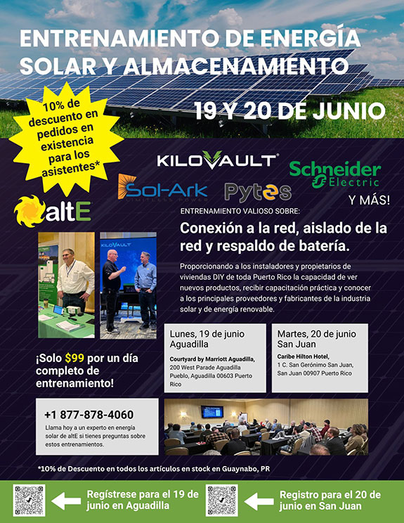 Capacitación en sistema de almacenamiento de energía solar Pytes y altE, Puerto Rico