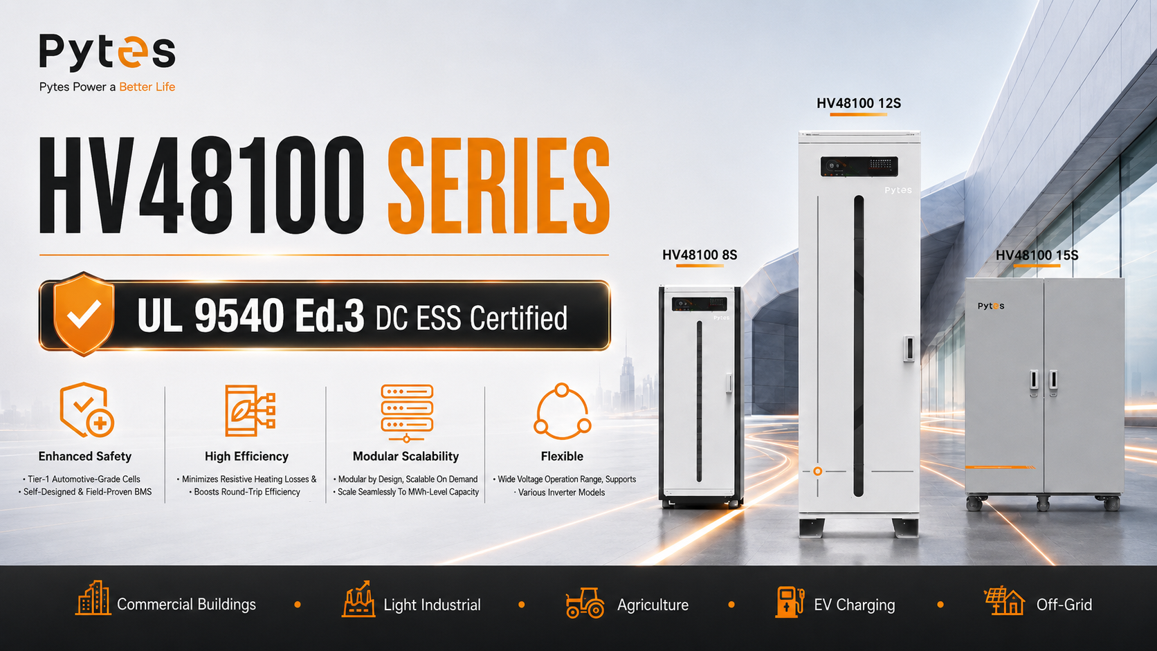 Pytes amplía su cartera de sistemas de almacenamiento de energía de CC con certificación UL 9540 Edición 3 con la serie HV48100.
